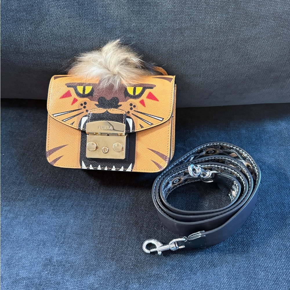 Furla Tan Tiger Motif Leather Crossbody Bag